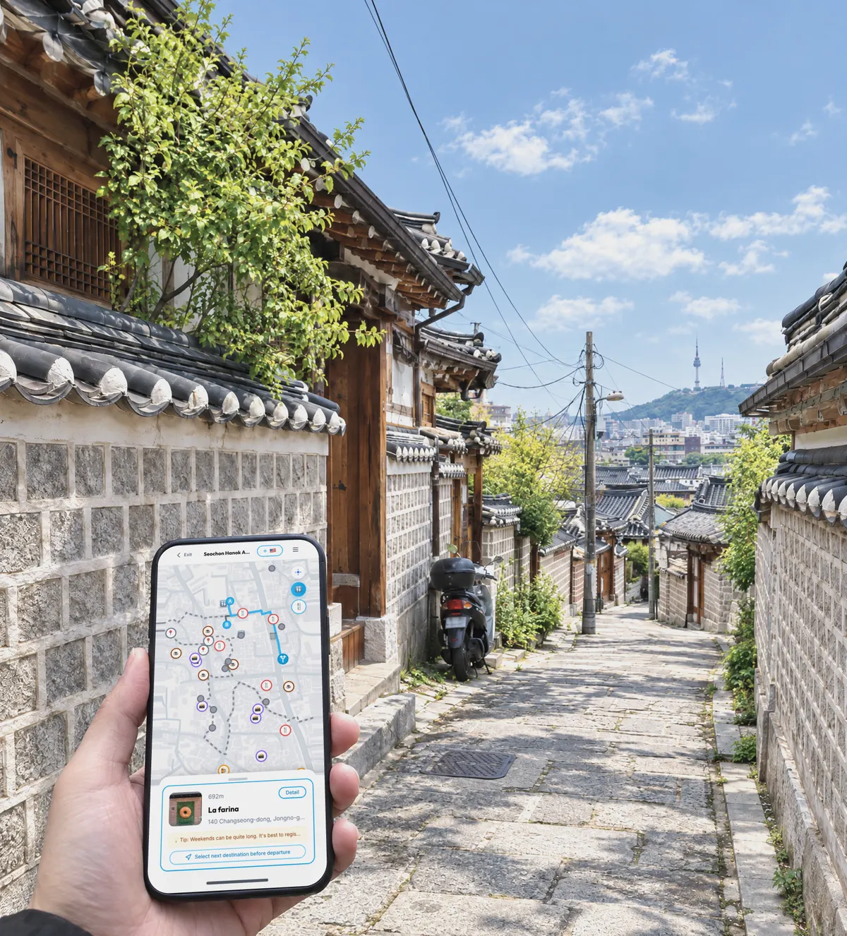 A hand holding a phone with the Tumakr map in a Seochon hanok alley